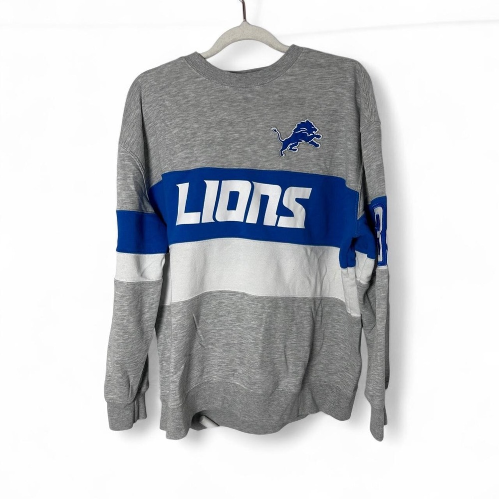Detroit‎ Lions NFL Ultra Game Mens Large Gray Blue stripe Crewneck Sweatshirt 34